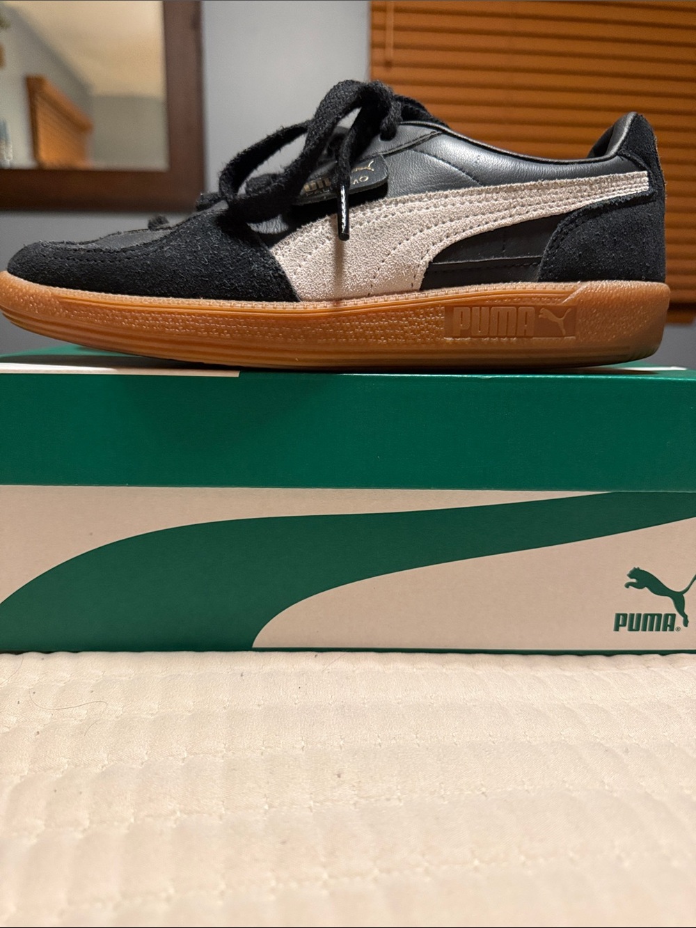 PUMA Palermo Women’s Black and Gum Suede Low-Top Sneaker with Cream Stripe